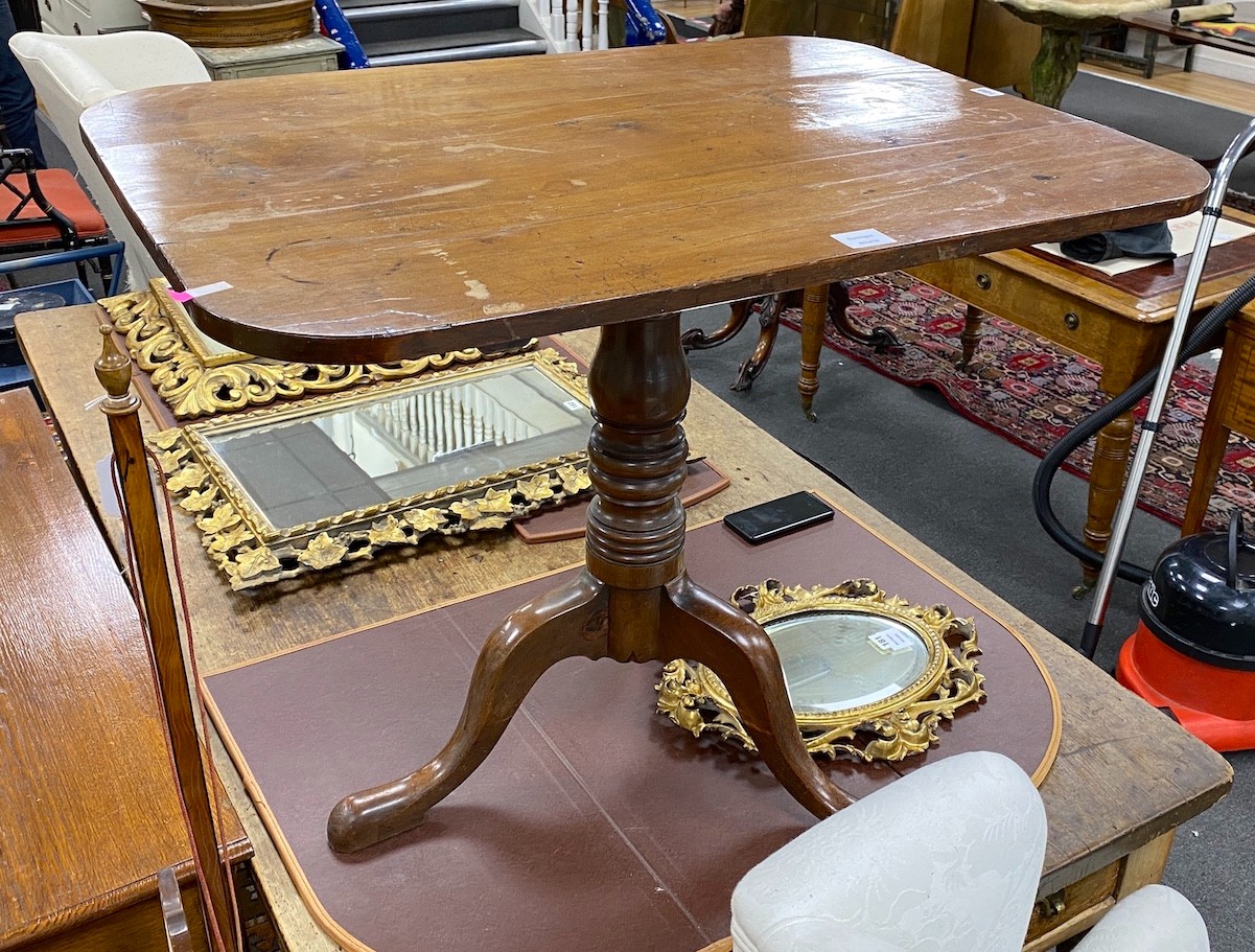 An early Victorian rectangular yew and mahogany tilt top tea table, width 91cm, depth 65cm, height 71cm
